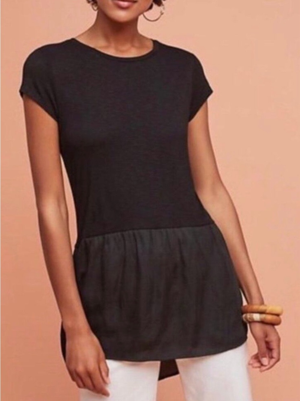 Dolan Anthropologie Black Mixed Media Peplum Tunic Top Short Sleeve Lagenlook XS